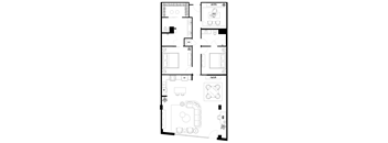 A floor plan of a house with a kitchen, living room, and bathrooms.